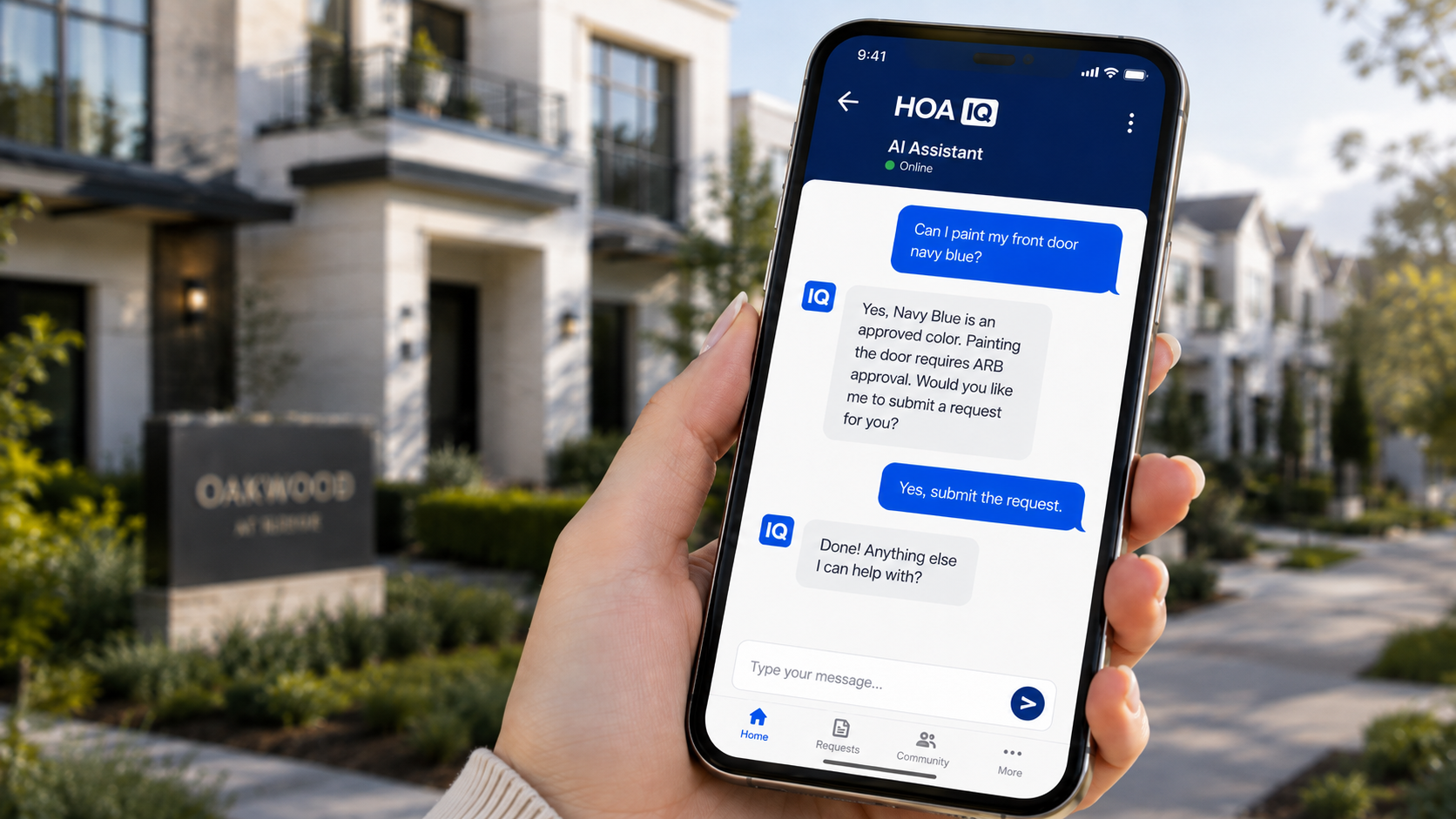 A homeowner holds a smartphone showing a conversation with the HOA IQ AI assistant about painting their front door navy blue.