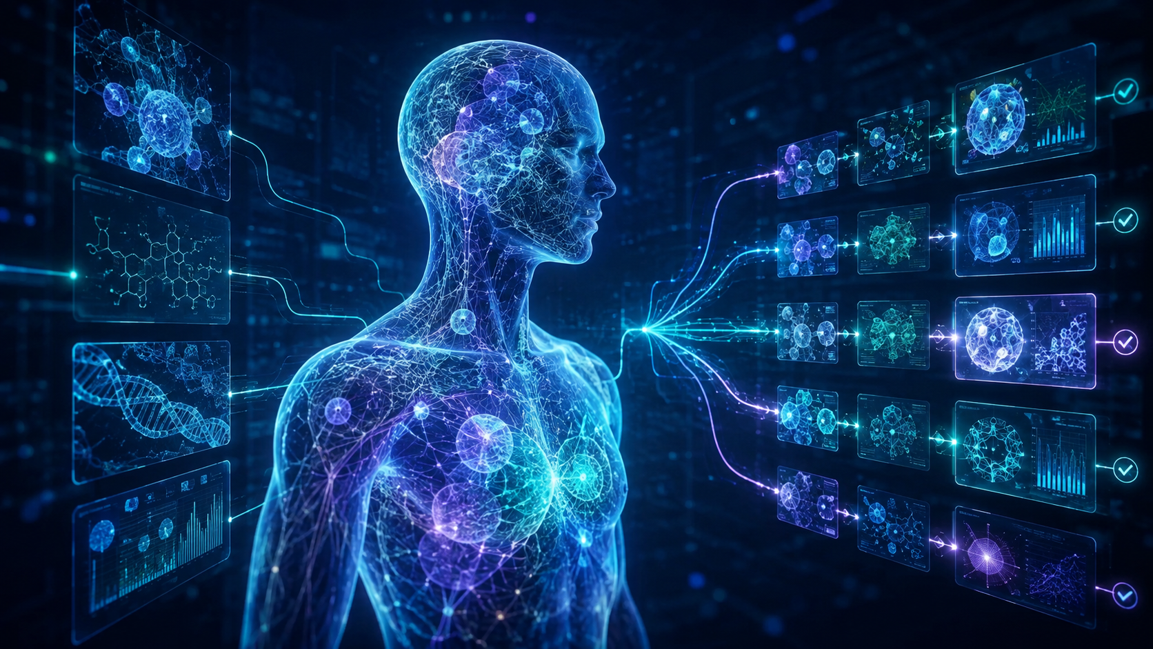 A glowing digital human surrounded by biological models, molecular structures, and data panels, representing AI simulation of human biology.
