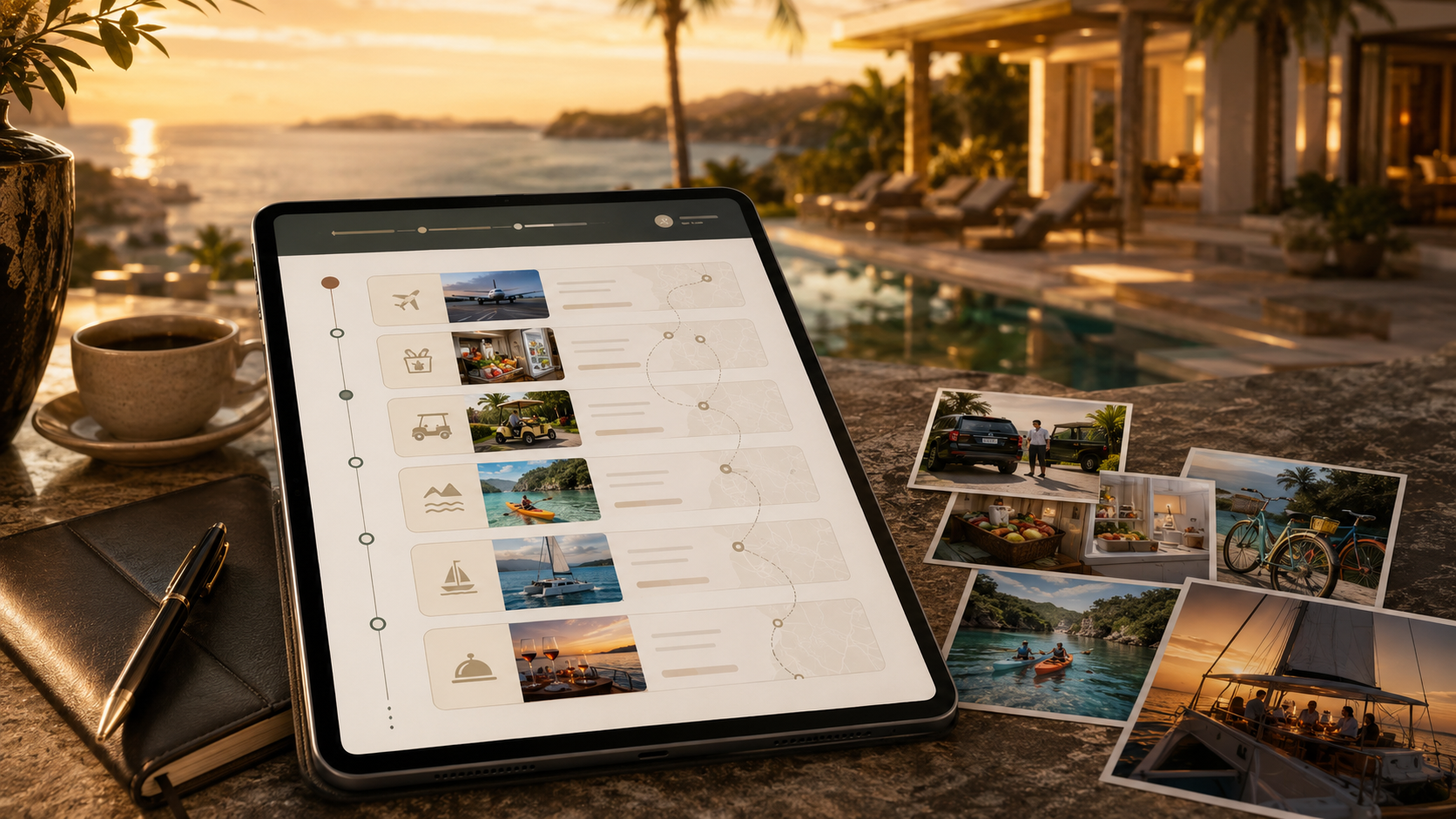 A tablet displaying a travel itinerary app rests beside a luxury resort pool at sunset, surrounded by vacation photographs.
